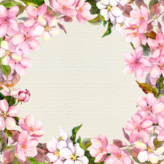 Fototapeta na wymiar Pink flowers - apple, cherry blossom. Floral frame for greeting card. Watercolour