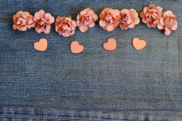 jeans love card. on jeans background laid two hearts. Backgrounds Valentine's Day. Wedding background. love card