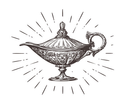 Aladdin Magic Or Genie Lamp. Vintage Sketch Vector Illustration