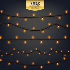 Abstract creative christmas garland light isolated on background. template. Vector illustration clipart art for Xmas holiday decoration. Concept design element. Realistic luminous bulb. Glow lamp