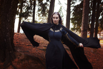 Young beautiful and mysterious woman in woods, in black cloak with hood, image of forest elf or...