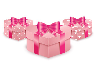 set of pink gift box in heart shape on white background