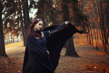 Young beautiful and mysterious woman in woods, in black cloak with hood, image of forest elf or...