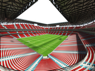 3D render of a large capacity Stadium with an open roof and red chairs