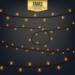 Abstract creative christmas garland light isolated on background. template. Vector illustration clipart art for Xmas holiday decoration. Concept design element. Realistic luminous bulb. Glow lamp
