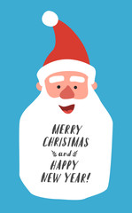 Winter holiday card with Santa Claus head with the Hand lettering words 