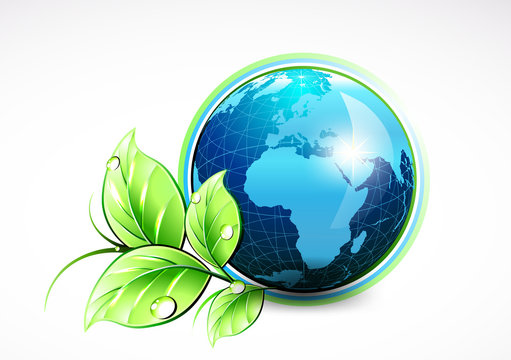 Natural blue World with green leaves and water drops. Vector illustration