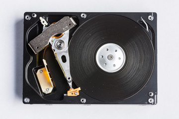 Hard drive disk open on white background