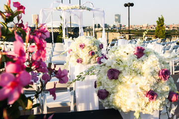 White bouquets with rare violet roses stand on backyard with whi
