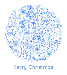 Hand drawn Christmas greeting card with Santa Claus and Christmas tree