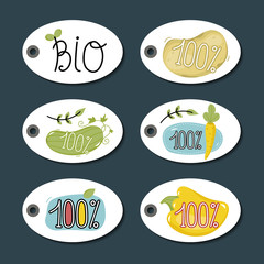 Eco and bio food round labels set isolated on blue background. Natural farm products price tags for organic foods shop, vegan cafe, restaurant, eco bar. Healthy eating concept. Eco friendly products