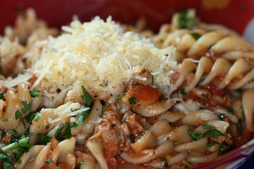 Fusilli pasta with cheese and sauce