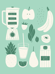 Smoothie set. Vector illustration of blender and fruits for smoothie. Kitchen poster