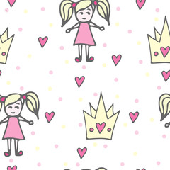 Child seamless pattern with crone and doll in pink dress