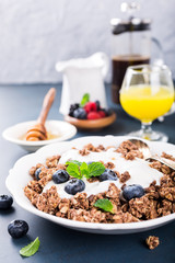 Homemade chocolate granola or muesli with yogurt and fresh blueberries for healthy morning breakfast, selective focus. Healthy food background with copy space for text.