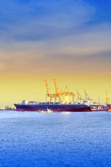 Fototapeta na wymiar Panorama of the port. Sea. Ship. Cranes.