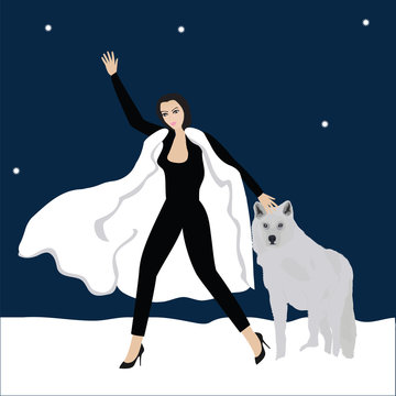 white wolf woman star snow dark blue background abstract art creative modern vector illustration