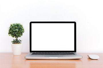 Conceptual workspace, Laptop and mouse isolated blank screen with clipping path.