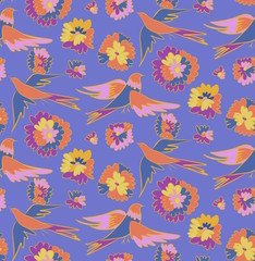 Floral seamless background pattern with flowers and birds. Colorful vector illustration hand drawn. Spring - summer season.
