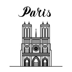 Obraz premium Paris landmark Notre-Dame line art illustration with hand drawn lettering