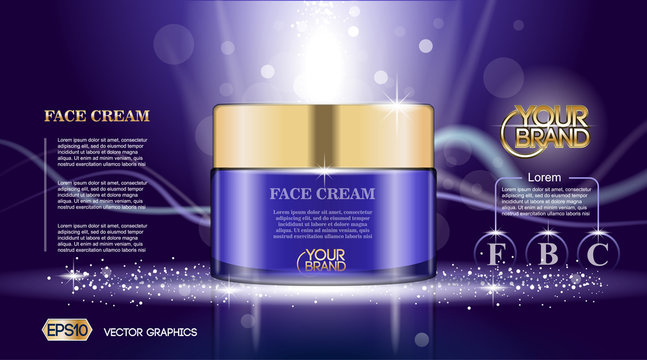 Digital vector glass face cream purple container mockup, with your brand, ready for print ads or magazine design. Transparent and shine, realistic 3d style