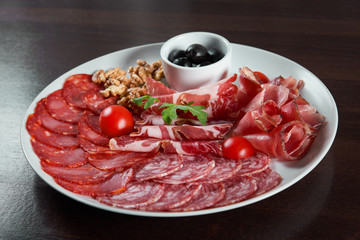 Assorted cold meat deli plate at the restaurant