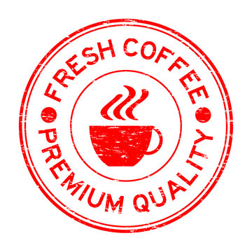 Grunge red fresh coffee premium quality and cup icon rubber stam