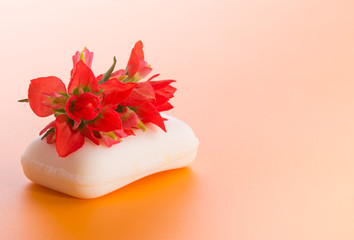 White bar of soap with a bright red Indian paintbrush flower, on gradient orange background