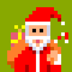 pixel art Santa Claus carrying a big bag full of presents for Christmas