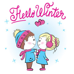 Cute loving couple , hello winter