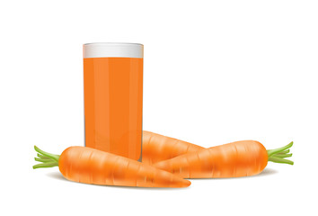 glass of carrot juice and fresh carrots on white background