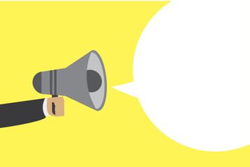 Flat design illustration of human hand holding megaphone with bu