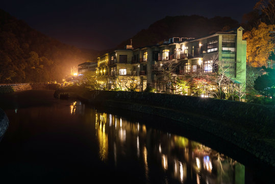 buildings near Uji river at night, Kyoto