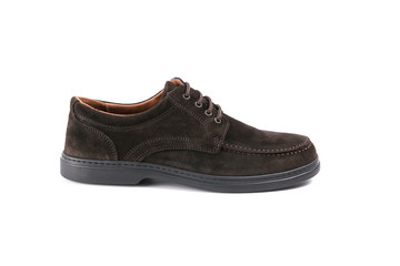 male shoes in brown leather on white background, isolated product, top view