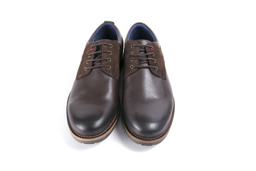 male shoes in brown leather on white background, isolated product, top view