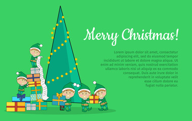 Christmas Elves packing presents near tree