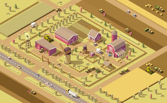 Vector isometric low poly farm. Farm buildings and agricultural equipment and machinery