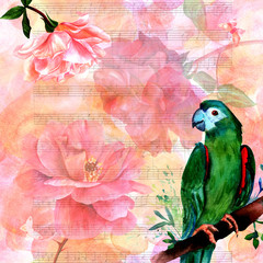 Vintage greeting card with bird and roses on pink