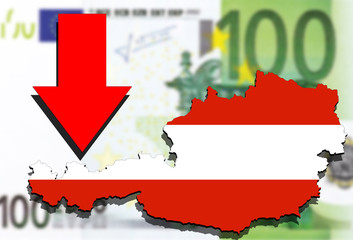 Austria map on Euro money background and red arrow down