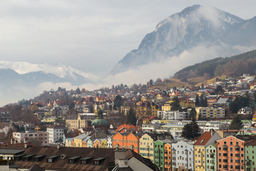 Fairy town in the mountains.The city of Innsbruck in the mountains. The village in the Alps. View from above/ top View. Alps, Innsbruck, Tyrol