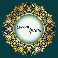 Mandala, vintage turquoise blue background with old paper texture and round lacy transparent ornamental frame on it. Vector Eps 10