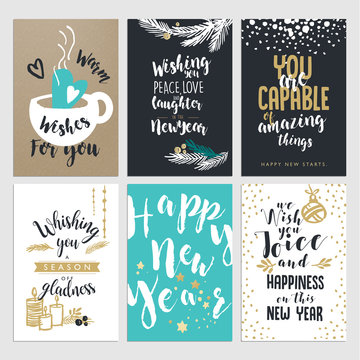 Set of Christmas and New Year flat design greeting cards. Hand drawn vector illustration concepts.