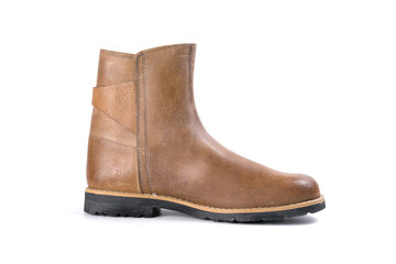 male boots brown leather on white background, isolated product, top view