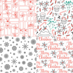 Winter Holiday seamless patterns set with Merry Christmas hand lettering and gifts, snowflakes, mistletoe, cakes, pie. Vector background for Christmas design.