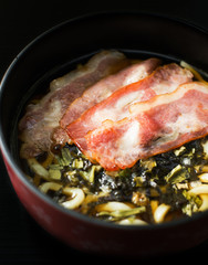 Closeup udon with miso soup and bacon, shadow effect style