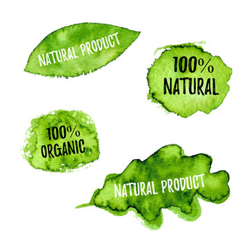 100% natural, organic, natural product ecology nature design. Vector green watercolor leaves, natural, organic, bio, eco label and shape on white background. Hand drawn stain.
