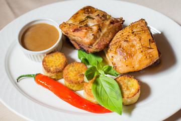 Delicious dinner. Steak with cheese balls with chilli and wine