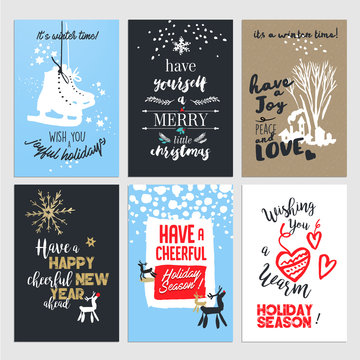 Set of hand drawn Christmas and New Year greeting cards. Flat design vector illustrations.