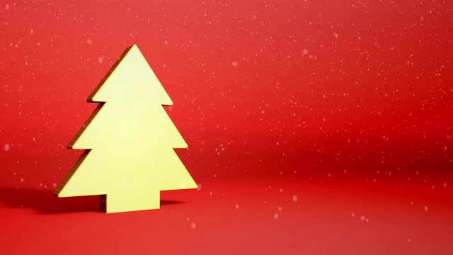 3D Animation - Golden christmas tree symbol on red background.