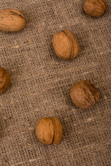 Walnuts on sackcloth fabric
